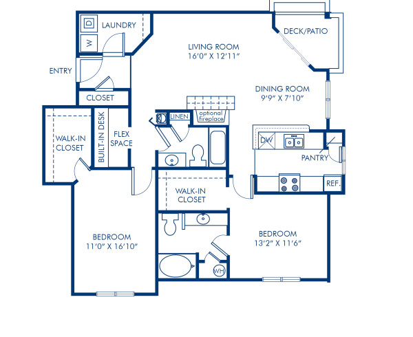 Blueprint of 2.2B Floor Plan, 2 Bedrooms and 2 Bathrooms at Camden Sedgebrook Apartments in Huntersville, NC