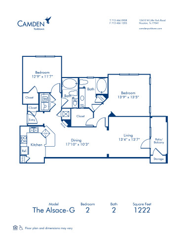 Blueprint of Alsace G Floor Plan, 2 Bedrooms and 2 Bathrooms at Camden Yorktown Apartments in Houston, TX