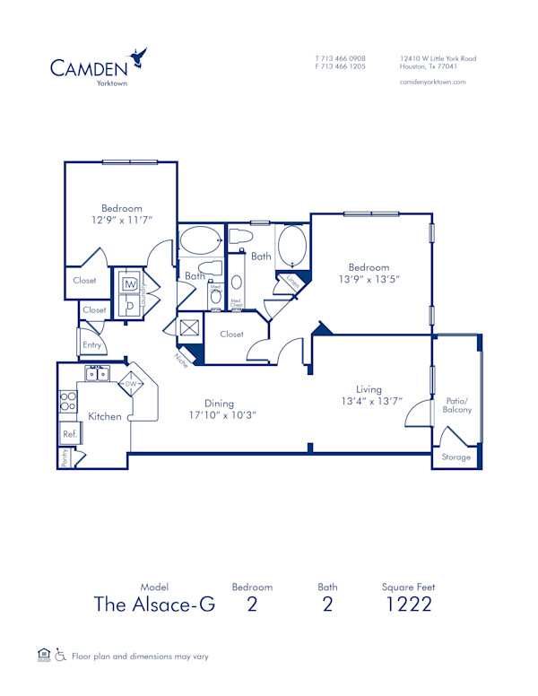 Blueprint of Alsace G Floor Plan, 2 Bedrooms and 2 Bathrooms at Camden Yorktown Apartments in Houston, TX