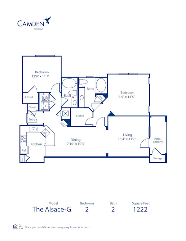 Blueprint of Alsace G Floor Plan, 2 Bedrooms and 2 Bathrooms at Camden Yorktown Apartments in Houston, TX