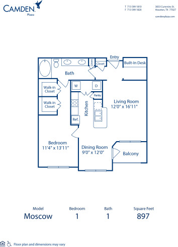 Blueprint of Moscow Floor Plan, 1 Bedroom and 1 Bathroom at Camden Plaza Apartments in Houston, TX