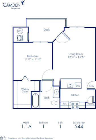 Blueprint of 1.1A Floor Plan, 1 Bedroom and 1 Bathroom at Camden Sedgebrook Apartments in Huntersville, NC