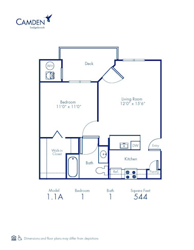 Blueprint of 1.1A Floor Plan, 1 Bedroom and 1 Bathroom at Camden Sedgebrook Apartments in Huntersville, NC