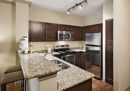 kitchen with granite countertops and stainless steel appliances at Camden Midtown Apartments in Houston, TX