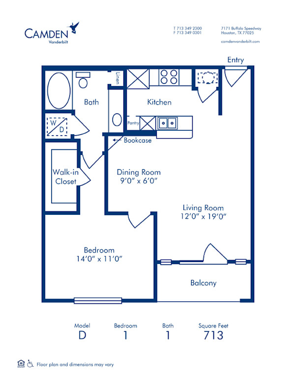 Blueprint of D Floor Plan, 1 Bedroom and 1 Bathroom at Camden Vanderbilt Apartments in Houston, TX