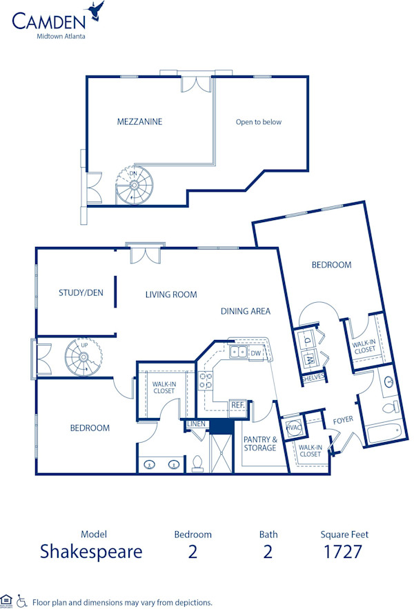 Blueprint of Shakespeare Floor Plan, 2 Bedrooms and 2 Bathrooms at Camden Midtown Atlanta Apartments in Atlanta, GA