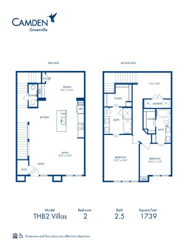 Camden Greenville apartments in Dallas, TX two bedroom, two and a half bathroom floor plan THB2 Villas