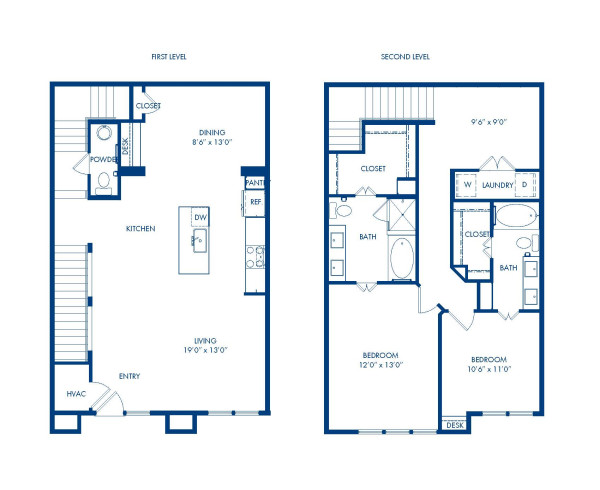 Camden Greenville apartments in Dallas, TX two bedroom, two and a half bathroom floor plan THB2 Villas