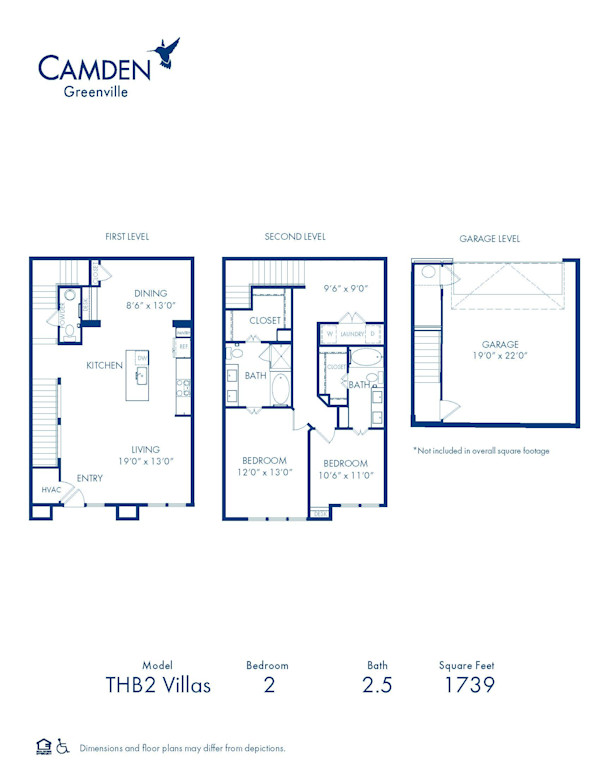 Camden Greenville apartments in Dallas, TX two bedroom, two and a half bathroom floor plan THB2 Villas