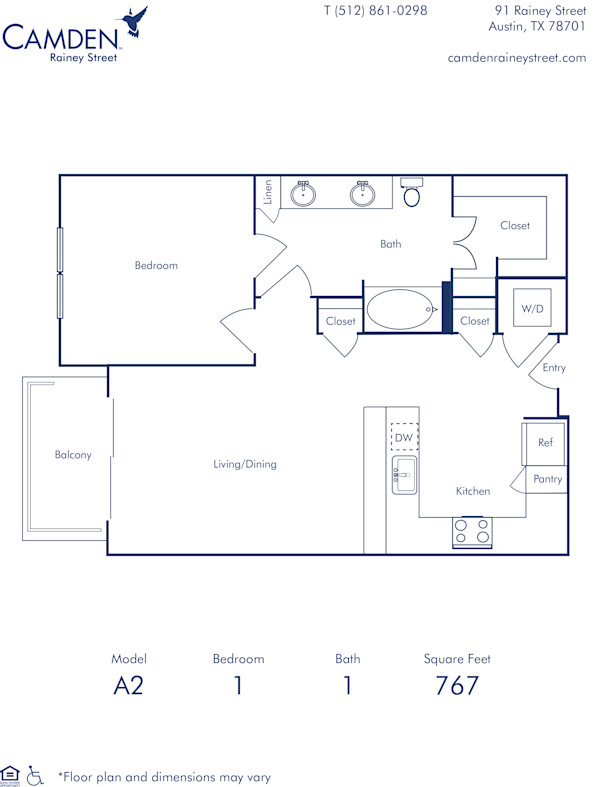 Camden Rainey Street apartments in Austin, TX one bedroom floor plan A2