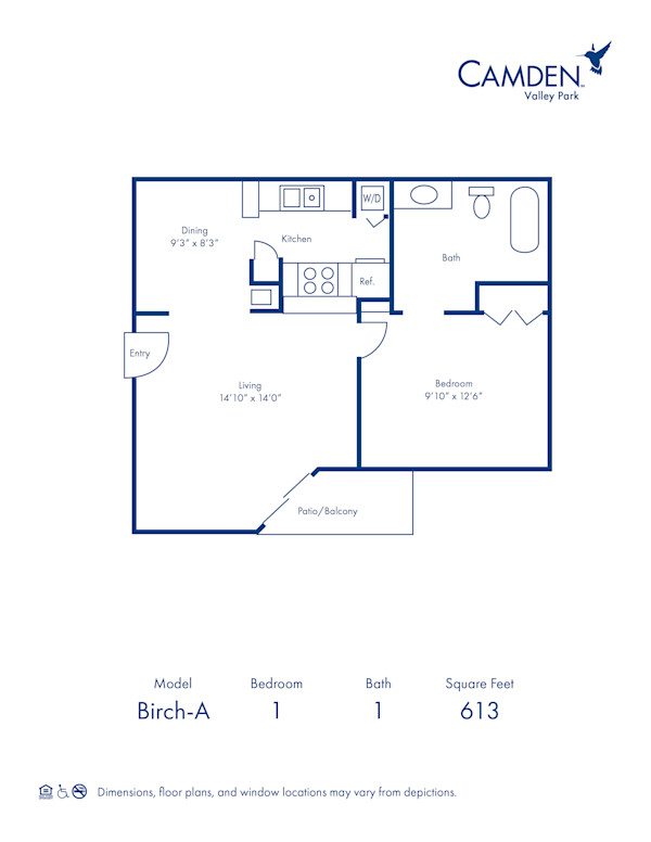 Blueprint of B-A Floor Plan, 1 Bedroom and 1 Bathroom at Camden Valley Park Apartments in Irving, TX
