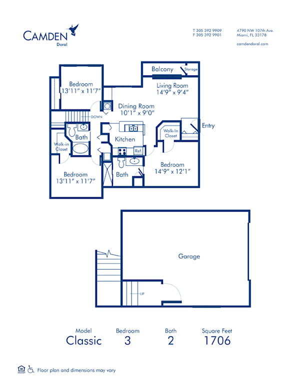 Blueprint of Classic Floor Plan, 3 Bedrooms and 2 Bathrooms at Camden Doral Apartments in Doral, FL