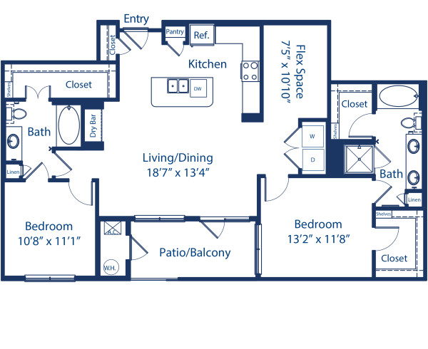Blueprint of Perry Floor Plan, 2 Bedrooms and 2 Bathrooms at Camden Lincoln Station Apartments in Lone Tree, CO