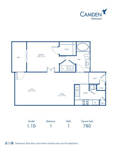 Blueprint of 1.1D Floor Plan, 1 Bedroom and 1 Bathroom at Camden Westwood Apartments in Morrisville, NC