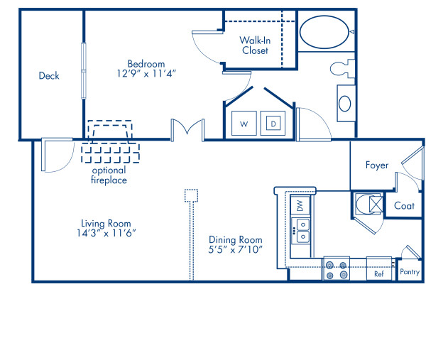 Blueprint of 1.1D Floor Plan, 1 Bedroom and 1 Bathroom at Camden Westwood Apartments in Morrisville, NC