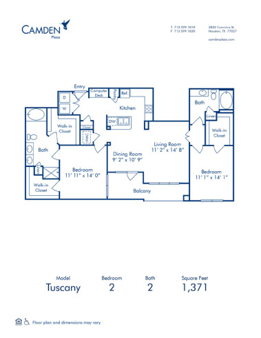 Tuscany floor plan at Camden Plaza apartments, 2 bed, 2 bath