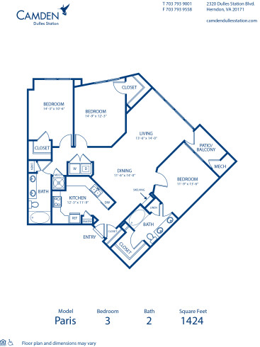 Blueprint of Paris Floor Plan, 3 Bedrooms and 2 Bathrooms at Camden Dulles Station Apartments in Herndon, VA