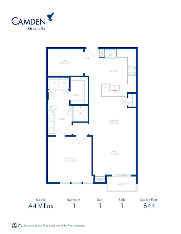 Camden Greenville apartments in Dallas, TX, one bedroom one bath floor plan, A4 Villas