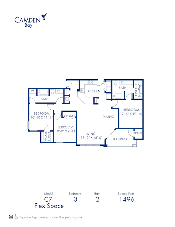 Blueprint of Sandpiper (Solarium) Floor Plan, 3 Bedrooms and 2 Bathrooms at Camden Bay Apartments in Tampa, FL