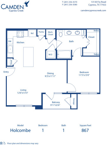 Blueprint of the Holcombe floor plan at Camden Cypress Creek II apartments in Houston, TX