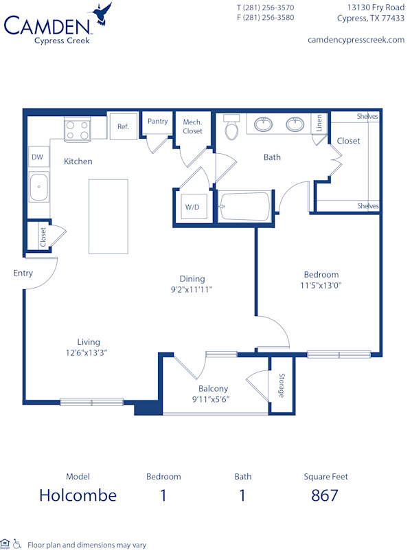 Blueprint of the Holcombe floor plan at Camden Cypress Creek II apartments in Houston, TX