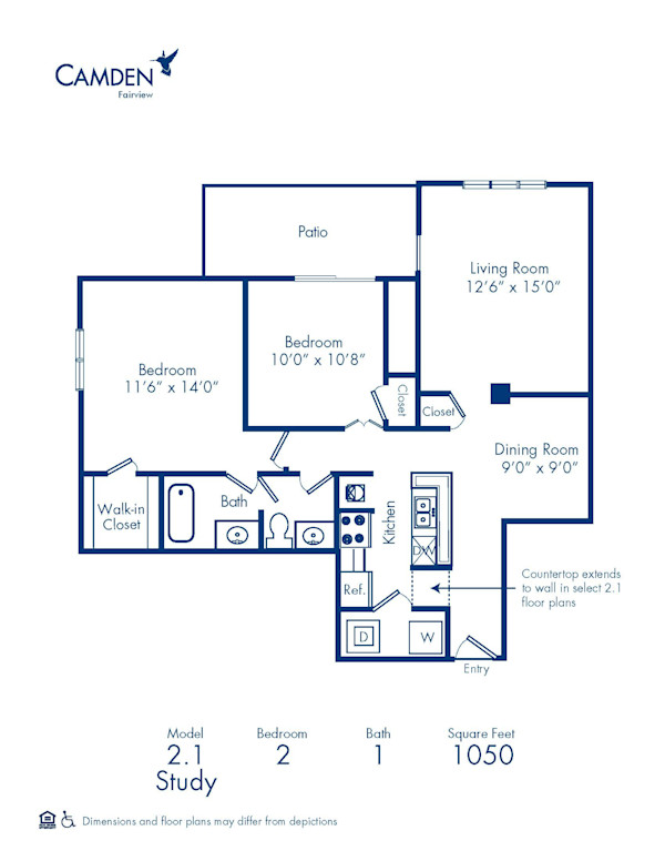Blueprint of 2.1 Floor Plan, 2 Bedrooms and 1 Bathroom at Camden Fairview Apartments in Charlotte, NC