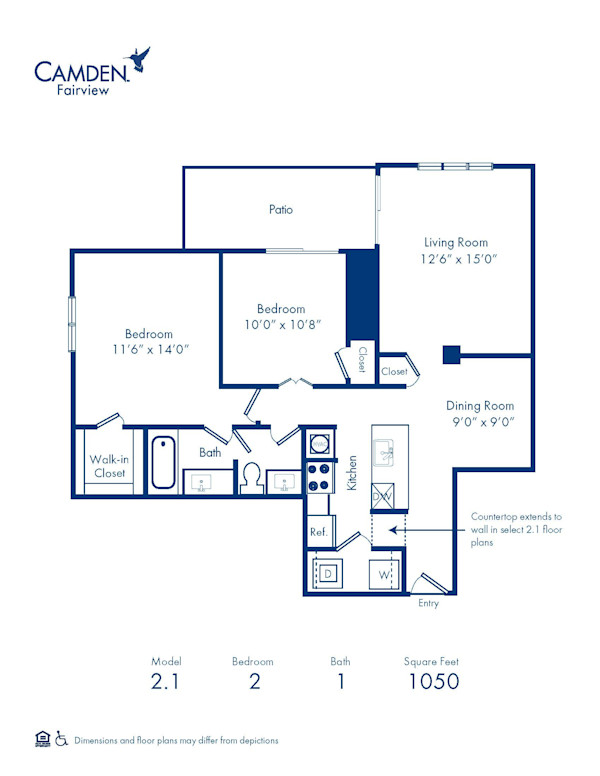 Blueprint of 2.1 Floor Plan, 2 Bedrooms and 1 Bathroom at Camden Fairview Apartments in Charlotte, NC