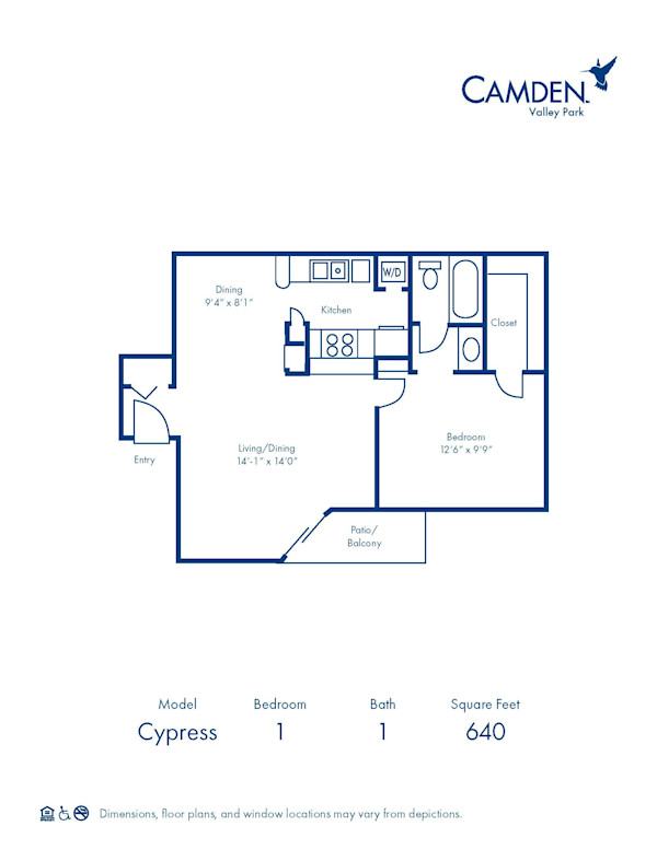 Cypress 1 bedroom 1 bathroom floor plan at Camden Valley Park apartments in Irving, Texas