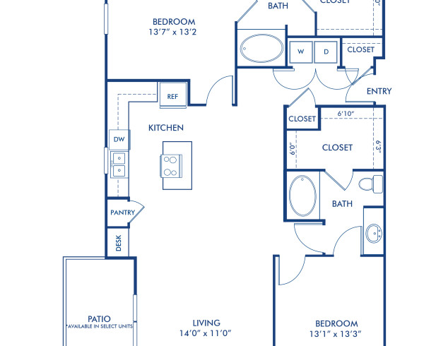 Blueprint of F Floor Plan, 2 Bedrooms and 2 Bathrooms at Camden Henderson Apartments in Dallas, TX
