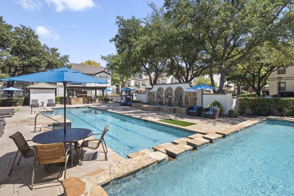 Resort-style pool with two levels and sundeck at Camden Legacy Park apartments in Plano, TX