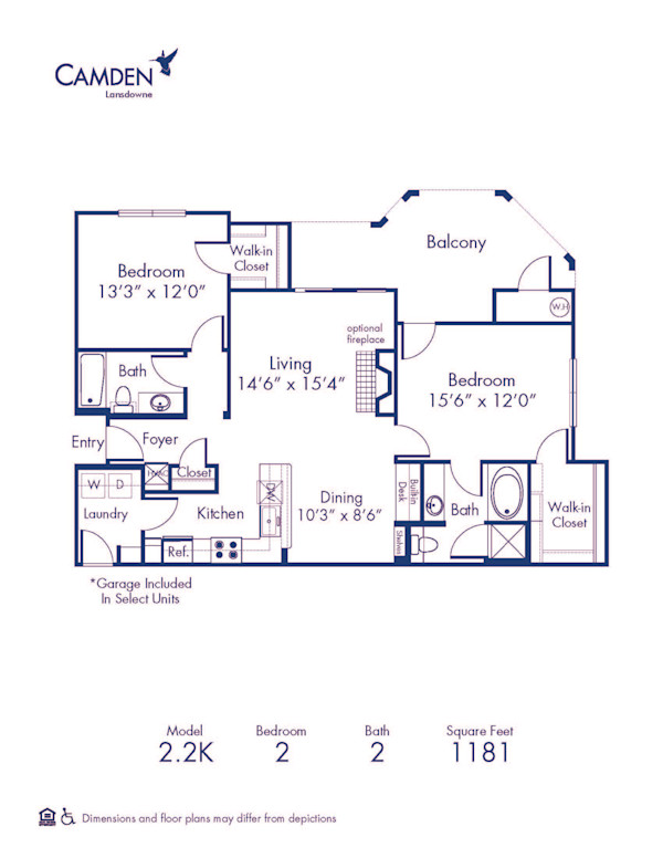 Blueprint of 2.2K Floor Plan, 2 Bedrooms and 2 Bathrooms at Camden Lansdowne Apartments in Lansdowne, VA