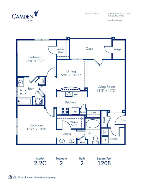Blueprint of 2.2C Floor Plan, 2 Bedrooms and 2 Bathrooms at Camden Crest Apartments in Raleigh, NC
