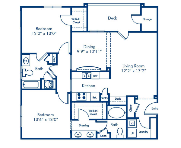 Blueprint of 2.2C Floor Plan, 2 Bedrooms and 2 Bathrooms at Camden Crest Apartments in Raleigh, NC