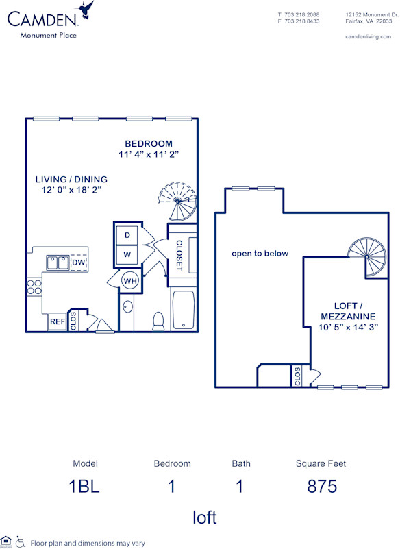 Blueprint of 1BL Floor Plan, 1 Bedroom and 1 Bathroom at Camden Monument Place Apartments in Fairfax, VA