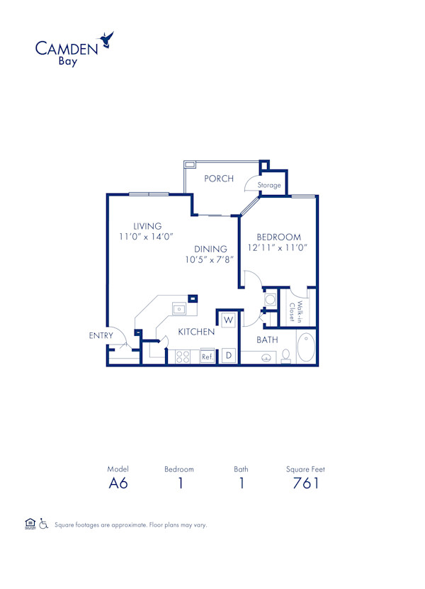 Blueprint of Breakwater (Balcony) Floor Plan, 1 Bedroom and 1 Bathroom at Camden Bay Apartments in Tampa, FL