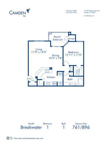 Blueprint of Breakwater (Balcony) Floor Plan, 1 Bedroom and 1 Bathroom at Camden Bay Apartments in Tampa, FL