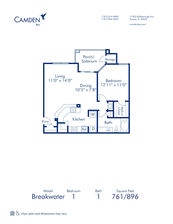Blueprint of Breakwater (Balcony) Floor Plan, 1 Bedroom and 1 Bathroom at Camden Bay Apartments in Tampa, FL