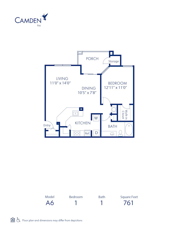 Blueprint of Breakwater (Balcony) Floor Plan, 1 Bedroom and 1 Bathroom at Camden Bay Apartments in Tampa, FL