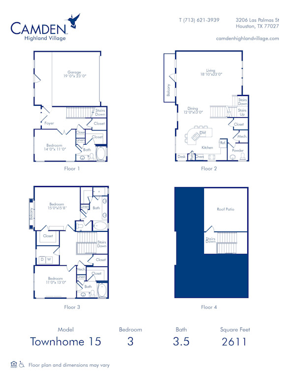 Camden Highland Village apartments in Houston, TX three bedroom townhome 15 blueprint