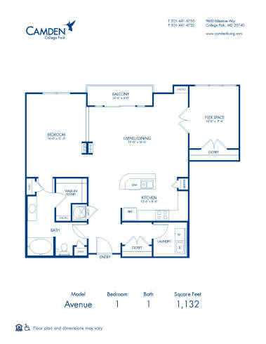 Blueprint of Avenue Floor Plan, 1 Bedroom and 1 Bathroom at Camden College Park Apartments in College Park, MD