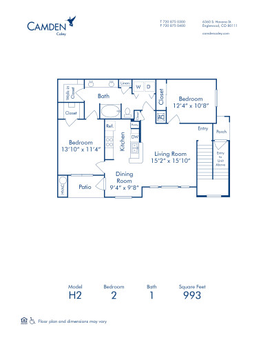 H2 Floor Plan, Apartment Home with 2 Bedrooms and 1 Bathroom at Camden Caley in Englewood, CO