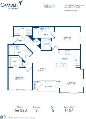 Blueprint of B2B Floor Plan, 2 Bedrooms and 2 Bathrooms at Camden La Frontera Apartments in Round Rock, TX