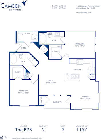 Blueprint of B2B Floor Plan, 2 Bedrooms and 2 Bathrooms at Camden La Frontera Apartments in Round Rock, TX