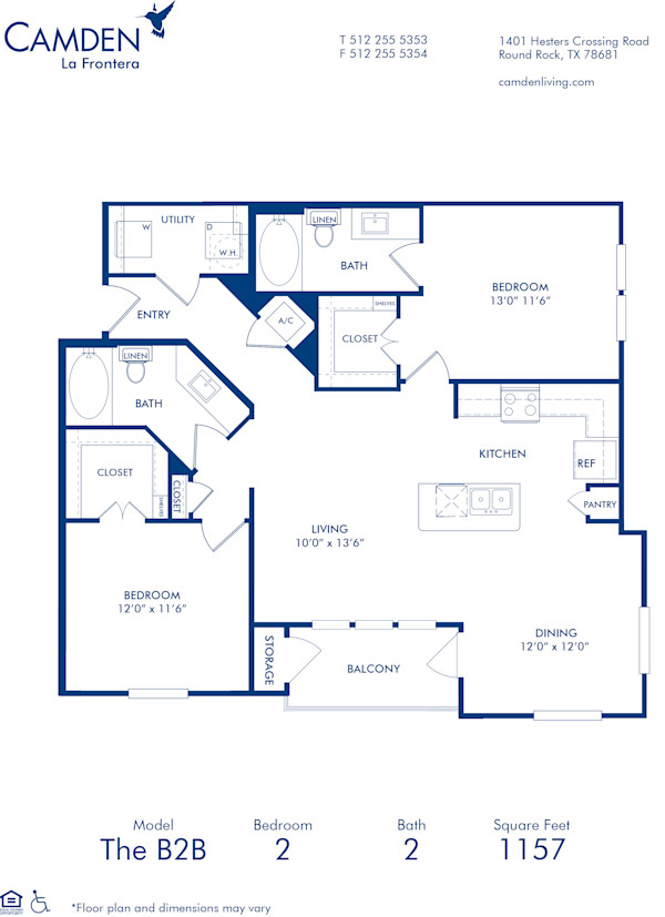 Blueprint of B2B Floor Plan, 2 Bedrooms and 2 Bathrooms at Camden La Frontera Apartments in Round Rock, TX