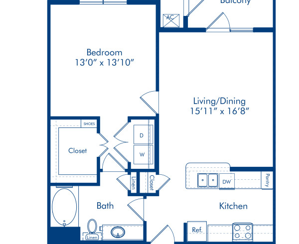 Blueprint of Shavano Floor Plan, 1 Bedroom and 1 Bathroom at Camden Flatirons Apartments in Broomfield, CO