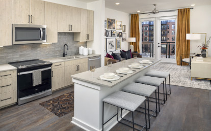 Natural Modern Kitchen with Island, Stainless steel Appliances at Camden NoDa in Charlotte North Carolina