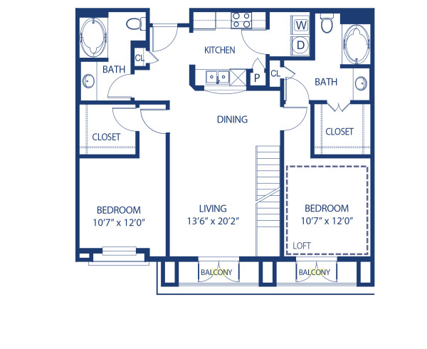 Blueprint of E6L Floor Plan, 2 Bedrooms and 2 Bathrooms at Camden Harbor View Apartments in Long Beach, CA