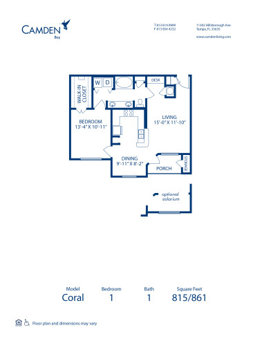 Blueprint of Coral (Solarium) Floor Plan, 1 Bedroom and 1 Bathroom at Camden Bay Apartments in Tampa, FL