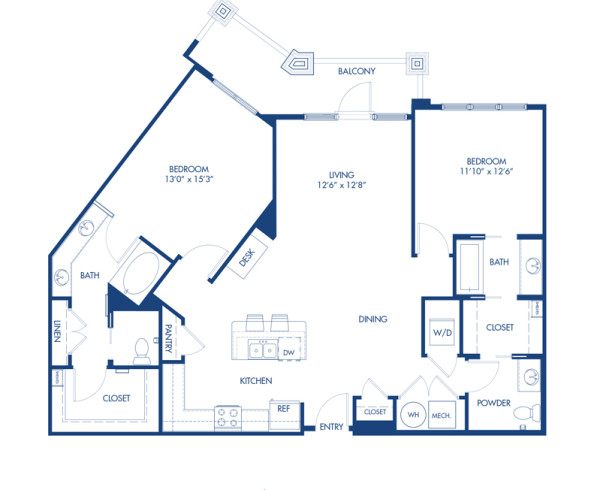 Blueprint of Underwood Floor Plan, 2 Bedrooms and 2 Bathrooms at Camden Paces Apartments in Atlanta, GA