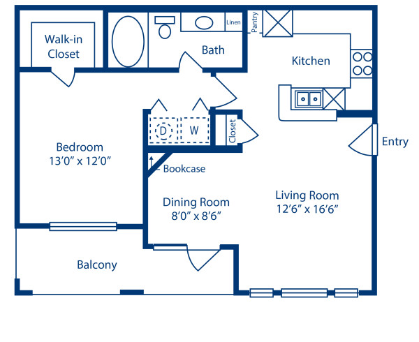 F.2 Floor Plan, Apartment Home with 1 Bedroom and 1 Bathroom at Camden Vanderbilt in Houston, TX